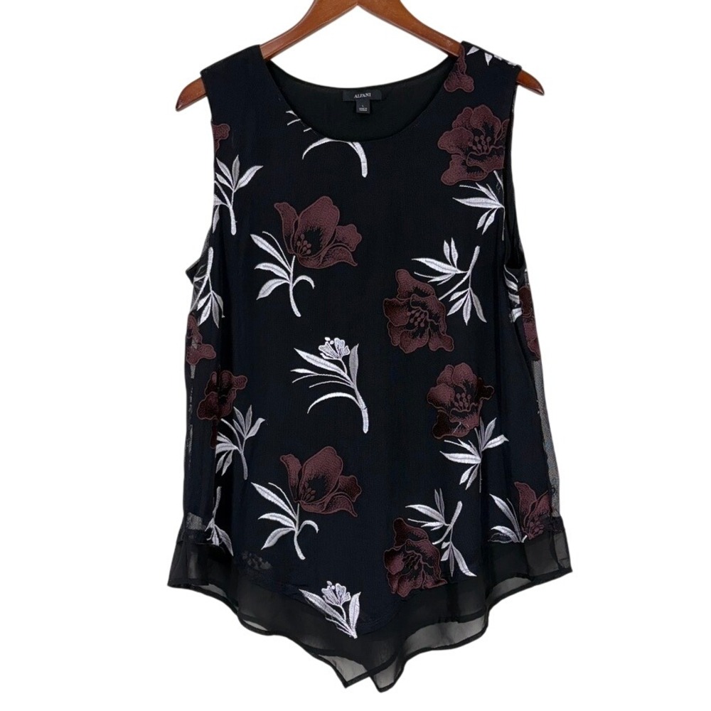 Alfani Womens Floral Blouse Large Black Sleeveless Embroidered Mesh Layered Top